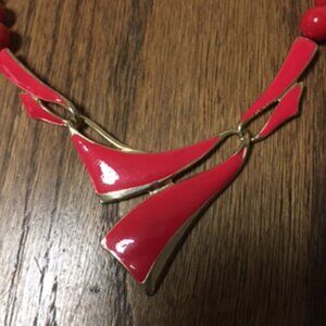 Vintage Red & Gold Tone Beads and Red Enamel Necklace